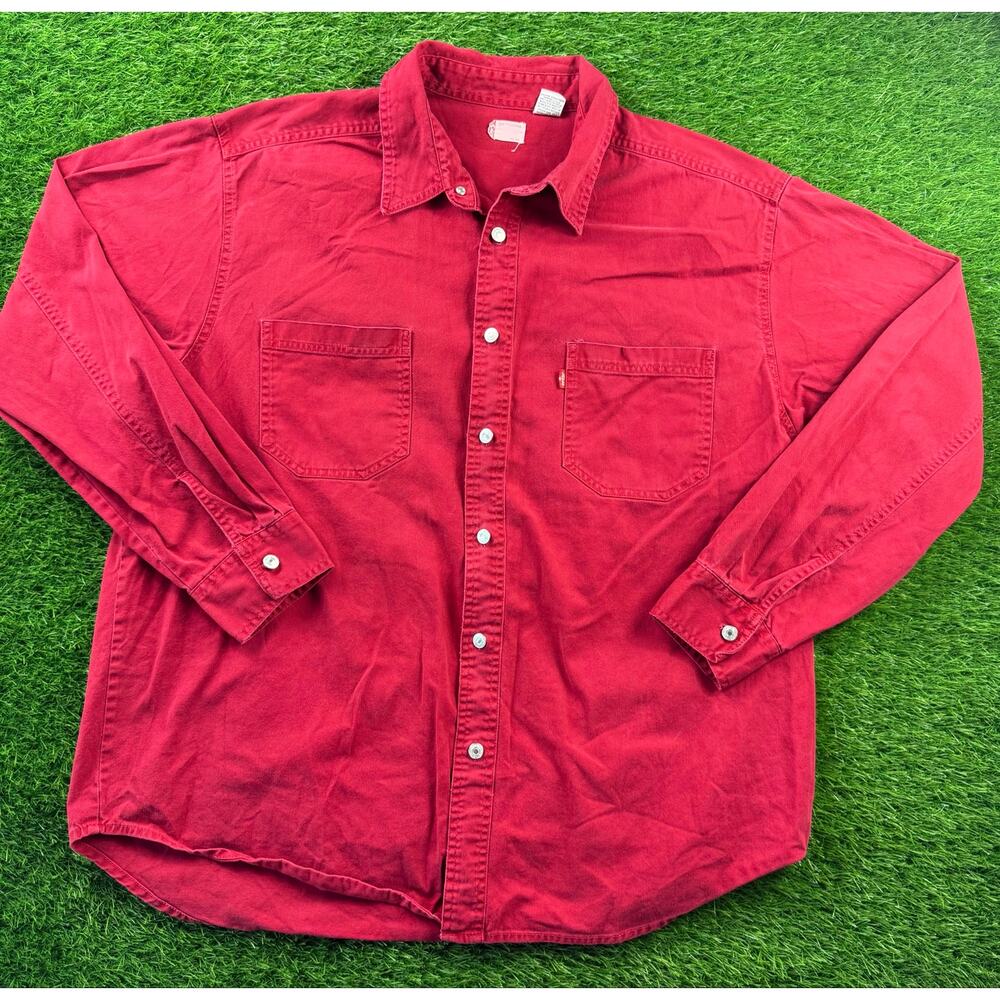 VTG 90s Levis Red Tab Heavy Cotton Twill Work Shirt Metal Button Mens XL Red